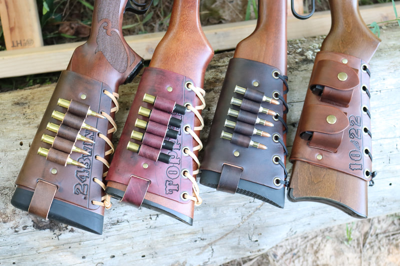 Leather Cartridge Cuff Buttstock Shell Holders on a variety of rifles and a shotgun