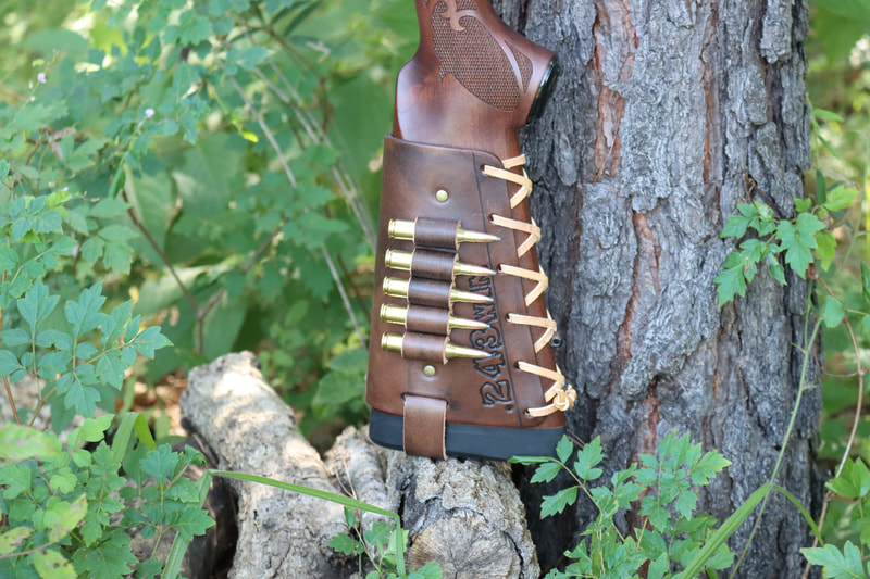 Leather Cartridge Cuff Buttstock Shell Holder on a Winchester Model 70 Featherweight 243