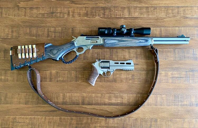 Marlin 1895 SBL 45-70 with Dark Brown Cartridge Cuff buttstock shell holder and leather rifle sling and Chiappa Rhino