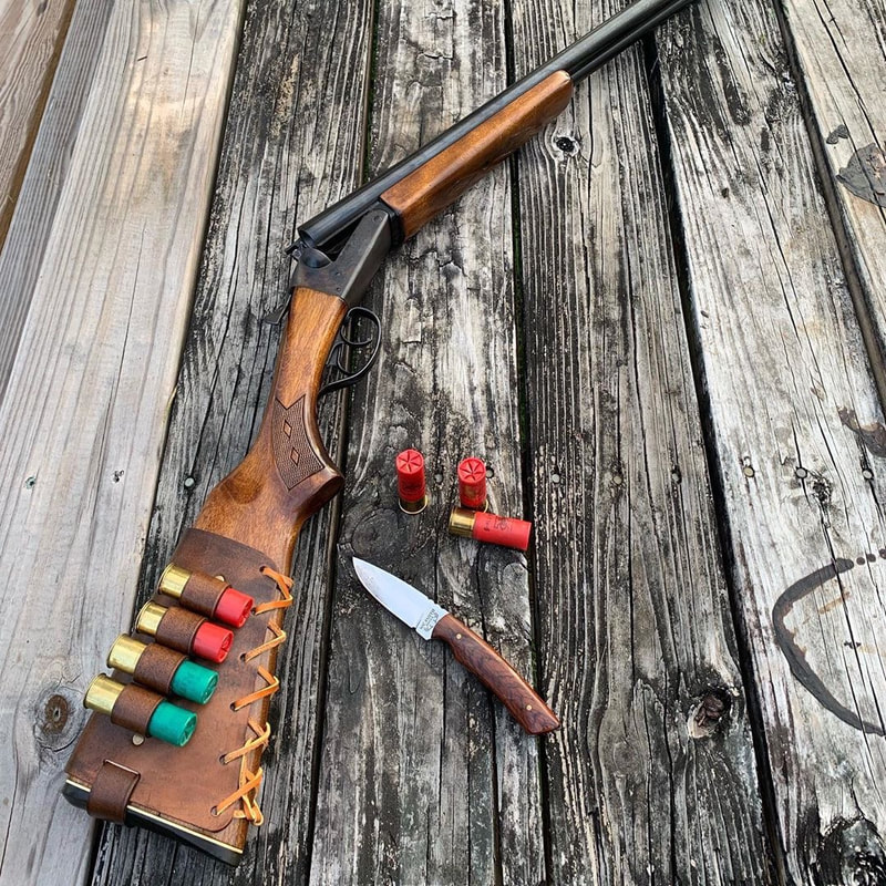 Stevens 311 12 gauge shotgun with Antique Brown Cartridge Cuff buttstock shell holder