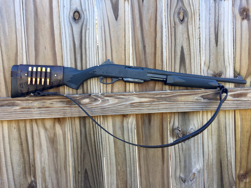 Remington 7600 Patrol .308 Winchester with Coal Cartridge Cuff buttstock shell holder and matching leather rifle sling